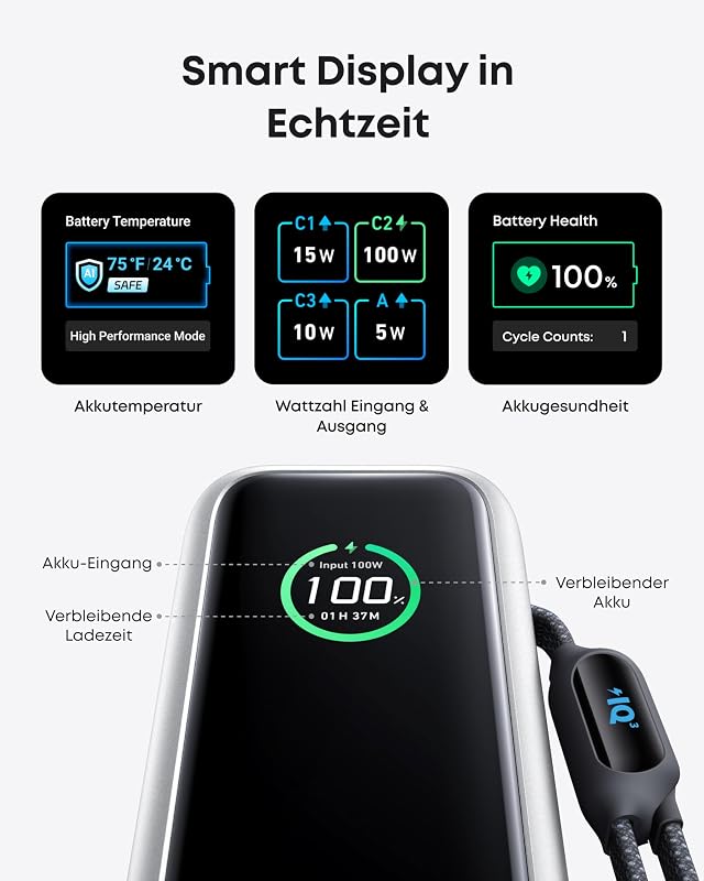 165W 25000mAh Laptop Powerbank mit 70cm ausziehbarem Kabel