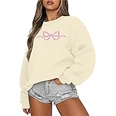 FASHGL Pink Bow Sweatshirt Womens - Sequins Coquette Sweater Casual Round Neck Pullover Sweatshirts Long Sleeve Tops