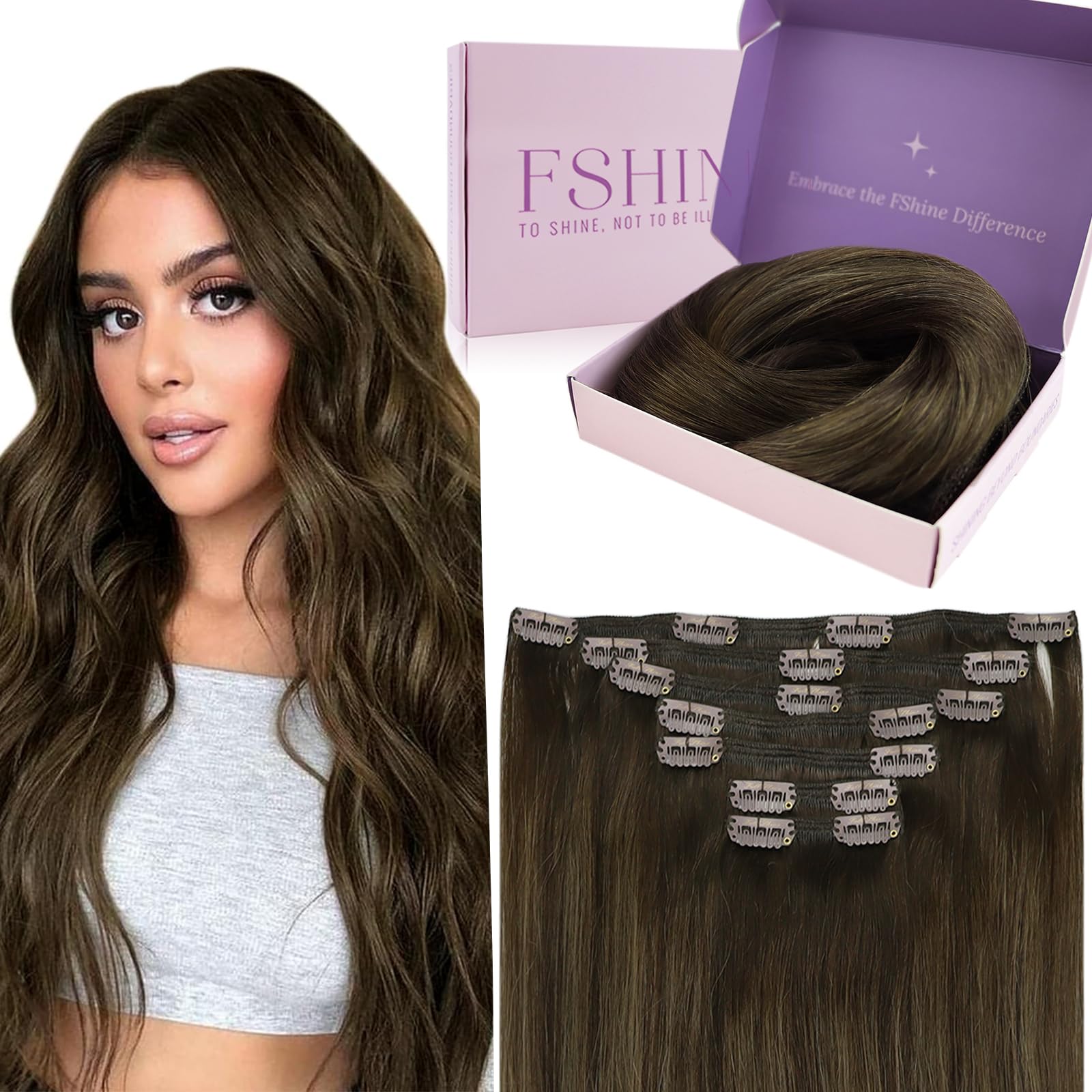 Fshine Brown Clip In Human Hair 22 Inch Clip In Hair Extensions Real Human Hair 120g Seamless Clip In Hair Extensions Remy Human Hair Hair Extensions Clips
