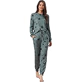 cheibear Womens Long Sleeve Pajama Sets Star Printed Kint Sweatshirt 2 Piece Sleepwear