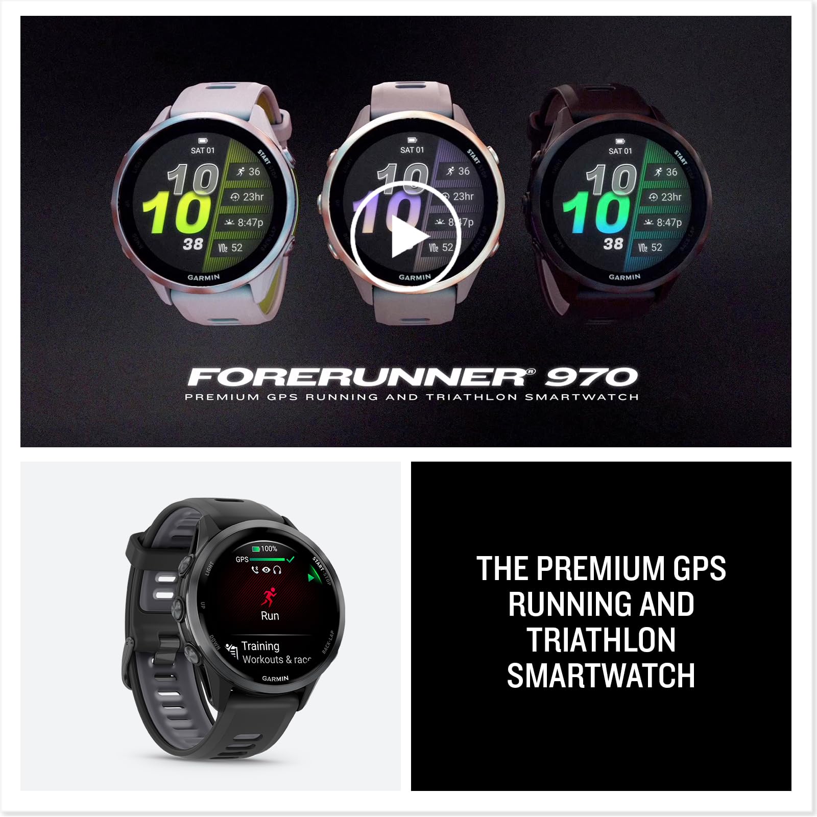 Garmin® Forerunner® 970, Premium GPS Running and Triathlon Smartwatch, AMOLED Display, Built-in LED Flashlight, Carbon Gray DLC Titanium with Black Case and Black/Translucent Whitestone Band