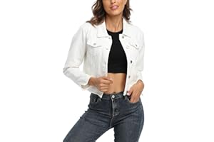 MISS MOLY Jean Jacket Women’s Frayed Washed Button Up Cropped Denim Jacket w 2 Side Pockets