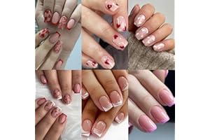 CTTHNBD 6 Packs (144 Pcs) Square Press on Nails, French Tip Press on Nails Short, Red Press on Nails, Heart False Nails, Glue on Nails, Medium Fake Nails for Women 12 Sizes-6 Styles