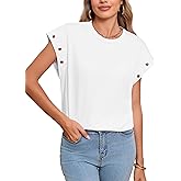 Famulily Womens Crewneck Cap Sleeve with Grommet Detail Tunic Tops Casual Loose Fitting Solid Basic Tee Shirt
