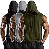 August Alley 3 Pack Men's Hooded Tank Tops, Workout Sleeveless Gym Hoodie Muscle Bodybuilding Running Cut Off Shirts