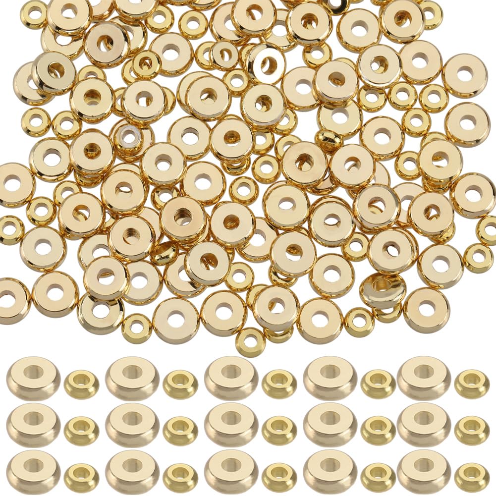 SUNNYCLUE 1 Box 200Pcs Gold Spacer Beads 4mm 6mm Real 18K Gold Plated Brass Beads Bulk Flat Round Golden Heishi Disc Beads Small Thick Rondelle Loose Spacer Beads for Jewellery Making Beading Supplies