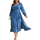 RWJ Plus Size Wedding Guest Dress for Women Deep V Neck Long Sleeve High Waist Slit Formal Cocktail Party Fall Maxi Dresses