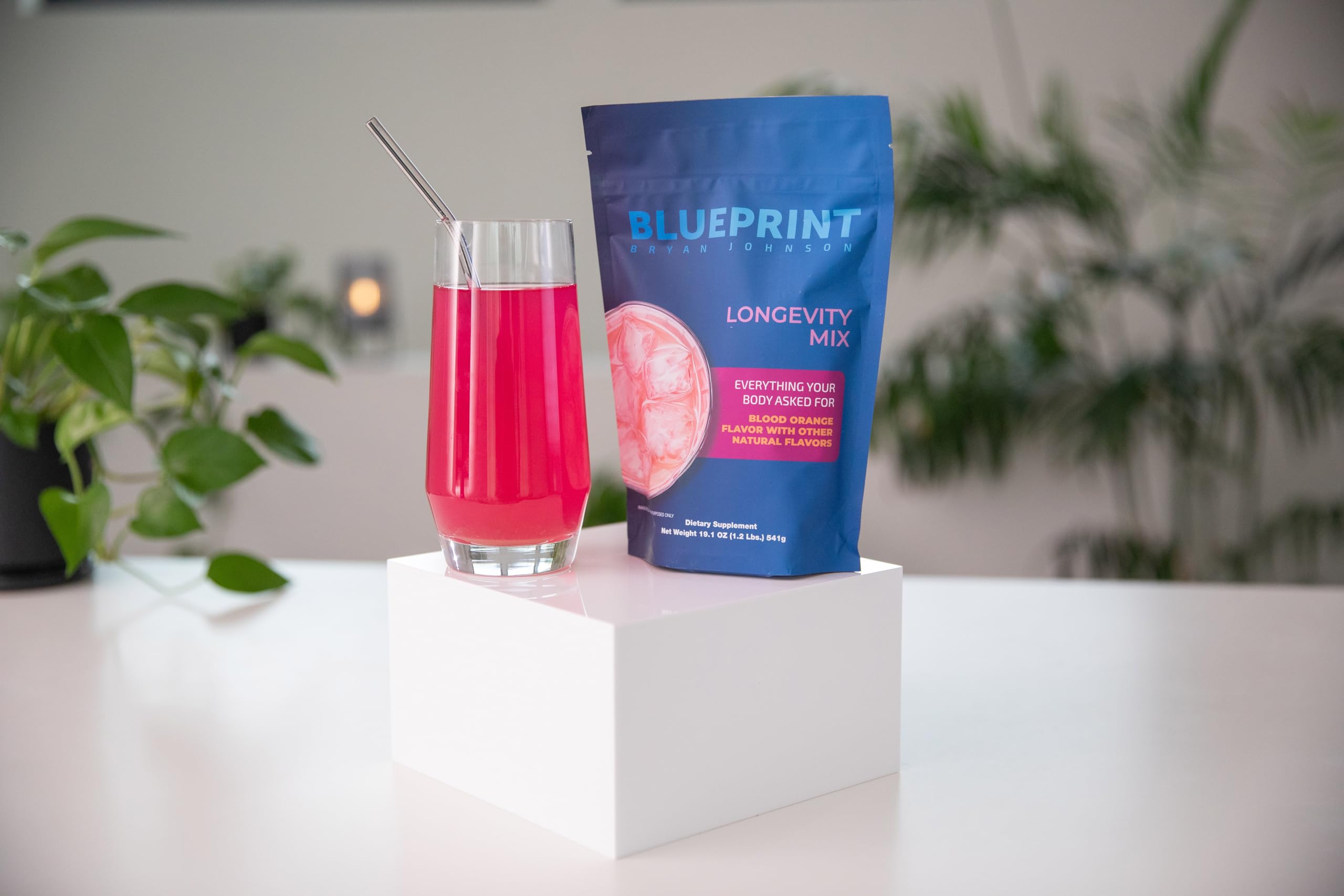 Blueprint Bryan Johnson Longevity Mix - Muscle Builder & Recovery Supplement - Promotes Focus and Balanced Mood - Magnesium, Creatine, L-Theanine, Glutathione & Vitamin C- 30 Servings, Blood Orange