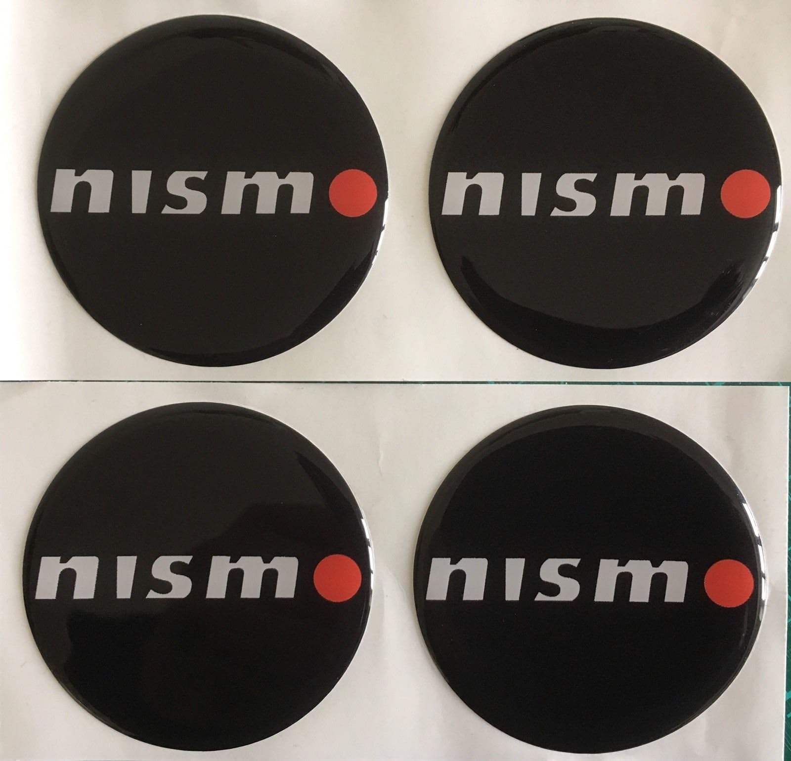 SCOOBY DESIGNS NISSA NISMO GTR SKYLINE R34 R33 ALLOY WHEEL CENTRE DOMED STICKERS X4 BLACK WHITE RED ALL SIZES (55MM)