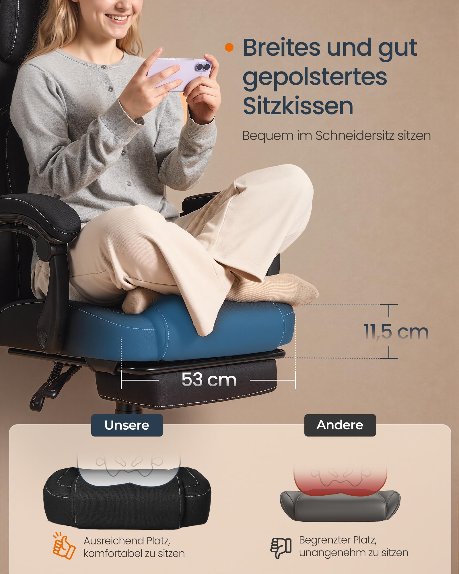 SONGMICS HOME Gaming-Stuhl, ergonomischer Computerstuhl mit Fußstütze, Bürostuhl, Drehstuhl mit Kopfkissen, Baumwoll-Leinen-Mischgewebe, höhenverstellbar, tintenschwarz OBG072BH03 5