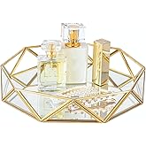 Feyarl Gold Glass Perfume Tray Mirror Vanity Jewelry Trinket Organizer Tray Ornate Cosmetic Makeup Display Decorative Coffee 