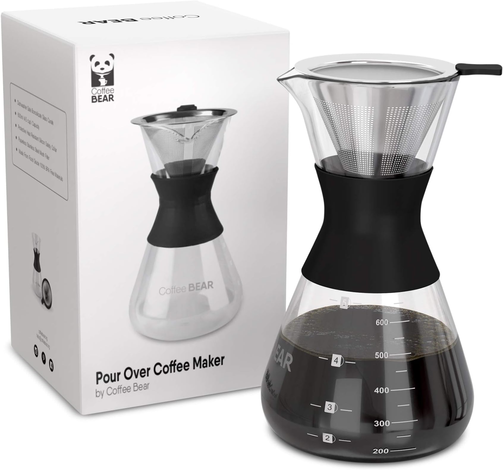 Coffee Bear – Pour Over Coffee Maker Set with Borosilicate Glass Coffee Carafe and Reusable Ultra-Fine Mesh Stainless Steel Coffee Filter, 4-Cup Coffee Dripper Set, 600mL (20oz)