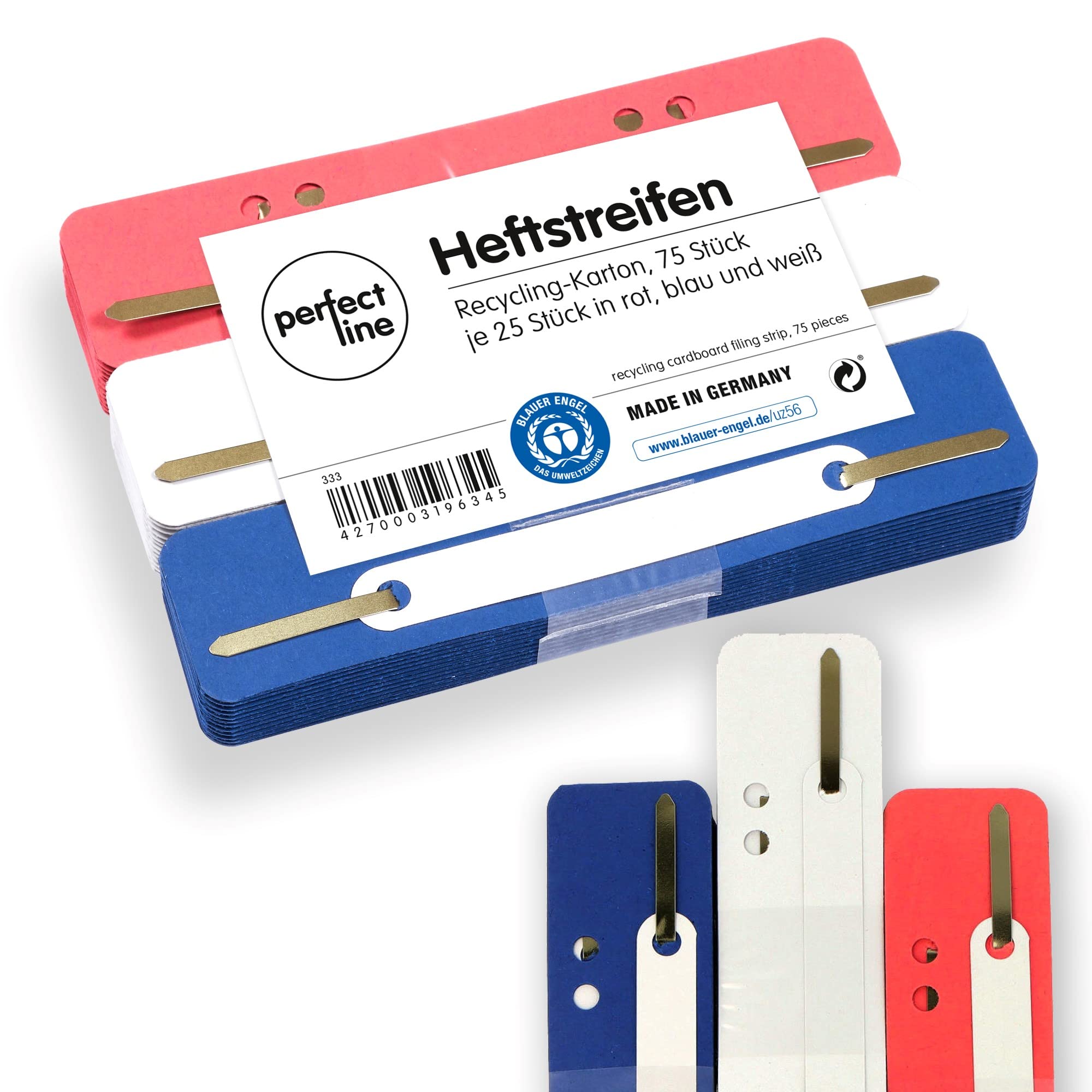 perfect line • 75 Filing Strips Cardboard, Recycled Cardboard, 250 g/m², Made in Germany (red, Blue, White)