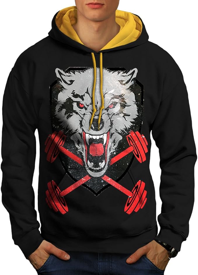 wellcoda Wolf Gym Workout Sport Mens Contrast Hoodie, Gym