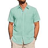 Alimens & Gentle Mens Linen Shirt Short Sleeve Casual Untucked Button Down Cotton Shirts Lightweight Beach Tops Summer