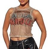 Women Sexy Mesh See Through Graphic Crop Tank Top Letter Print Sleeveless Cami Top Club Outfits
