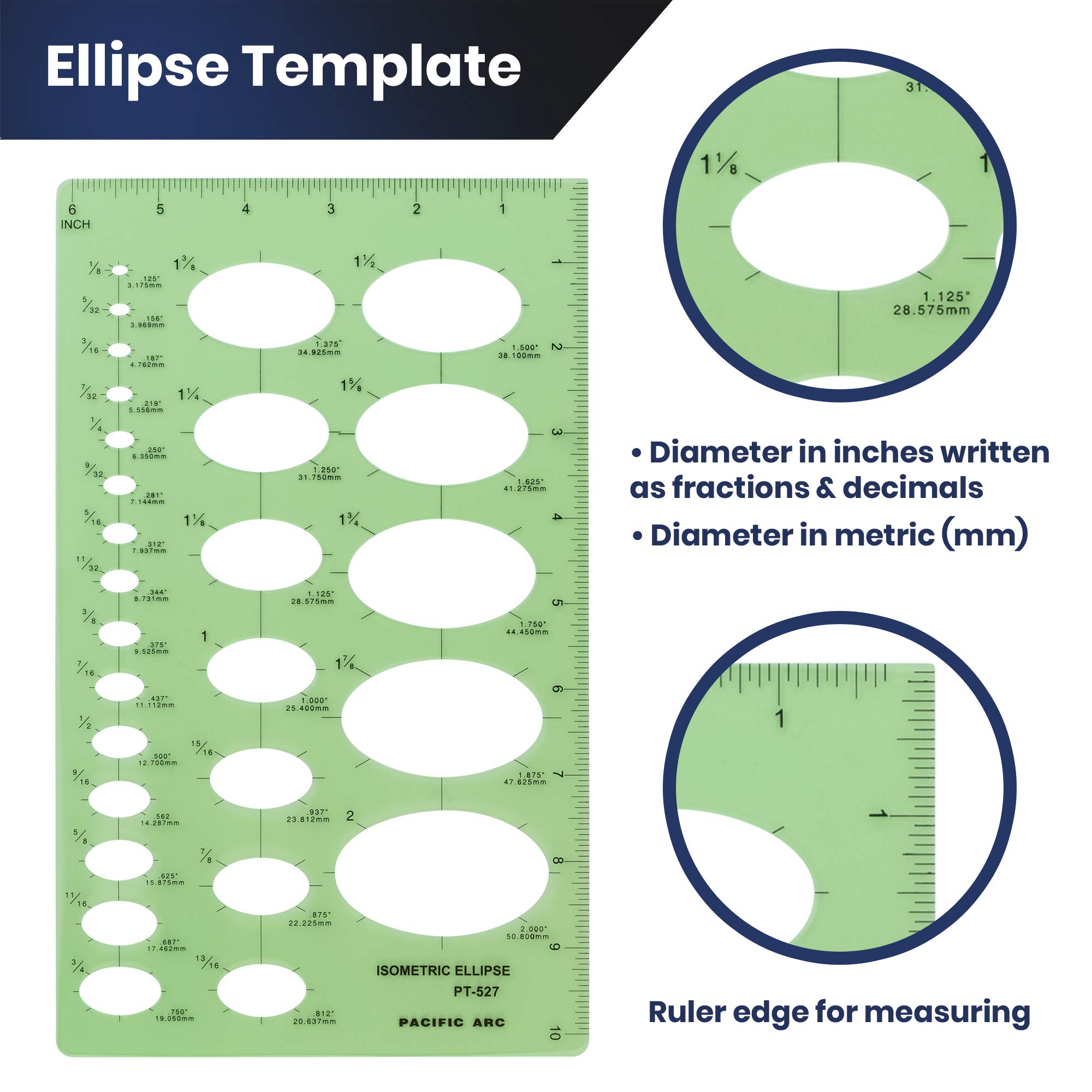 Pacific Arc Isometric Ellipse Guide Template, 27 Total Ellipse from 1/8 Inch to 2 Inch with Inch Graduations
