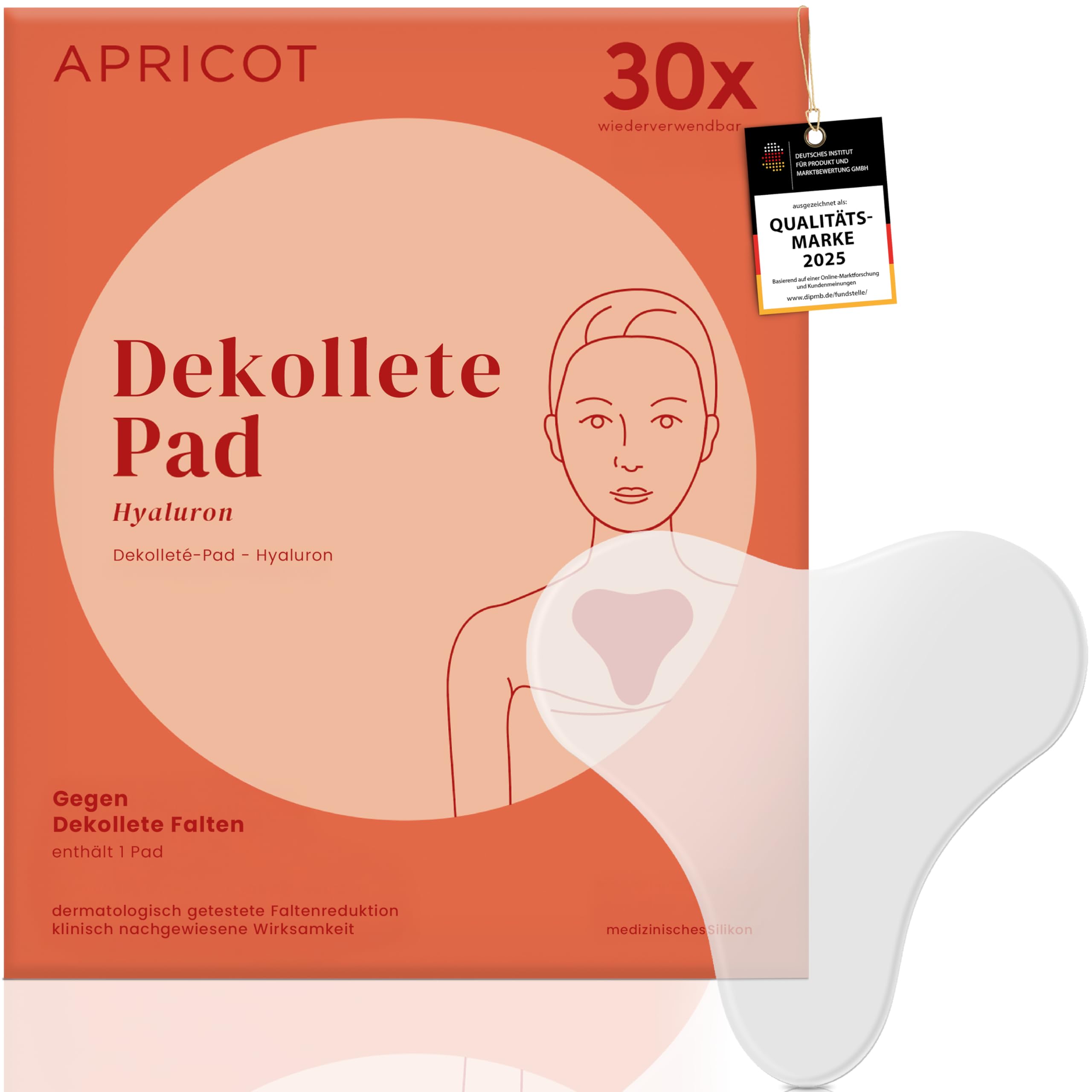 APRICOT Dekollete Pad Antifalten aus medizinischem Silikon mit niedermolekularem Hyaluron - Bis zu 30x Wiederverwendbar, Dermatologisch Bestätigt, Vegan & Tierversuchsfrei - Dekollete Anti Falten Pad
