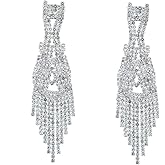 CHRAN Silver Teardrop Crystal Long Tassels Dangle Earrings Sparkling Rhinestone Ladies Gifts