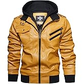 HOOD CREW Men’s Casual Stand Collar PU Faux Leather Zip-Up Motorcycle Bomber Jacket With a Removable Hood