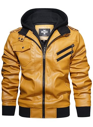 HOOD CREW Men's Casual Stand Collar PU Faux Leather Zip-Up