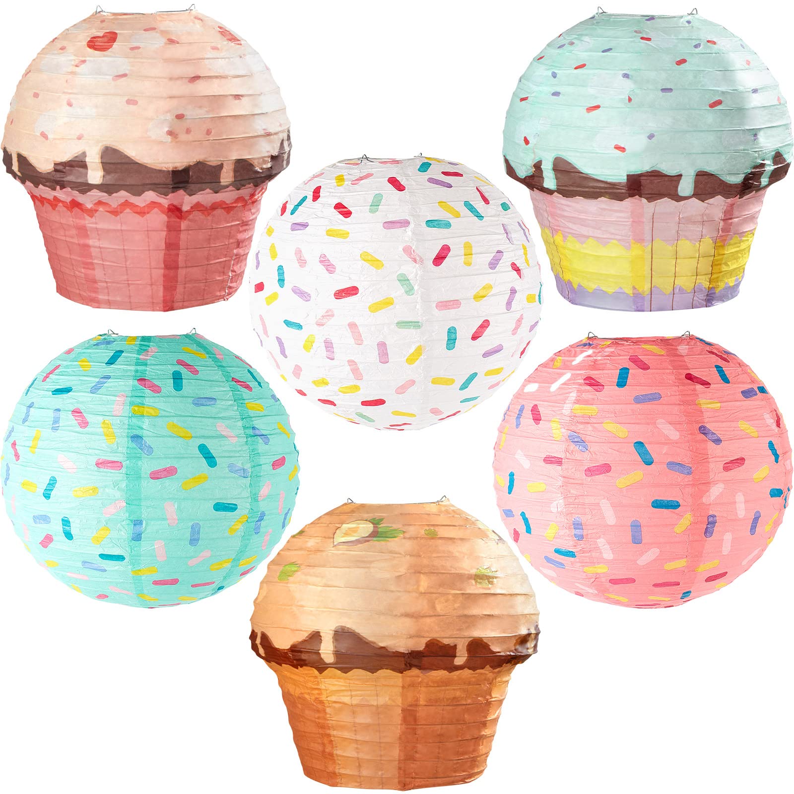 Photo 1 of Hortsun 6 Pcs Donut Party Hanging Paper Lanterns Sprinkle Party Cupcake Hanging Paper Lanterns Sprinkle Decorations for Birthday Baby Shower Supplies