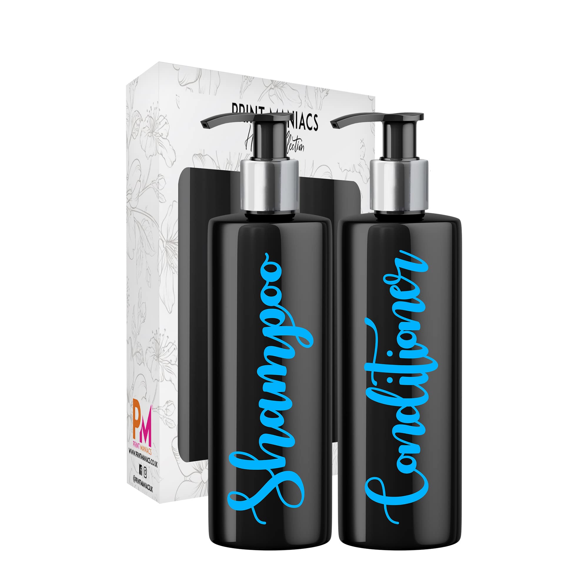 Print Maniacs 2 Set Mrs Hinch Inspired Black Personalised Dispenser Pump Bottles Shampoo Conditioner (Baby Blue)