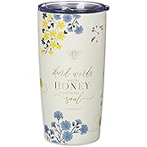 Christian Art Gifts Stainless Steel Scripture Tumbler Travel Mug for Women: Kind Words Bible Verse, Cute Bumble Bee, Double-wall Vacuum Insulated, Lid, Hot/Cold, Creamy White Multicolor Floral, 18oz.