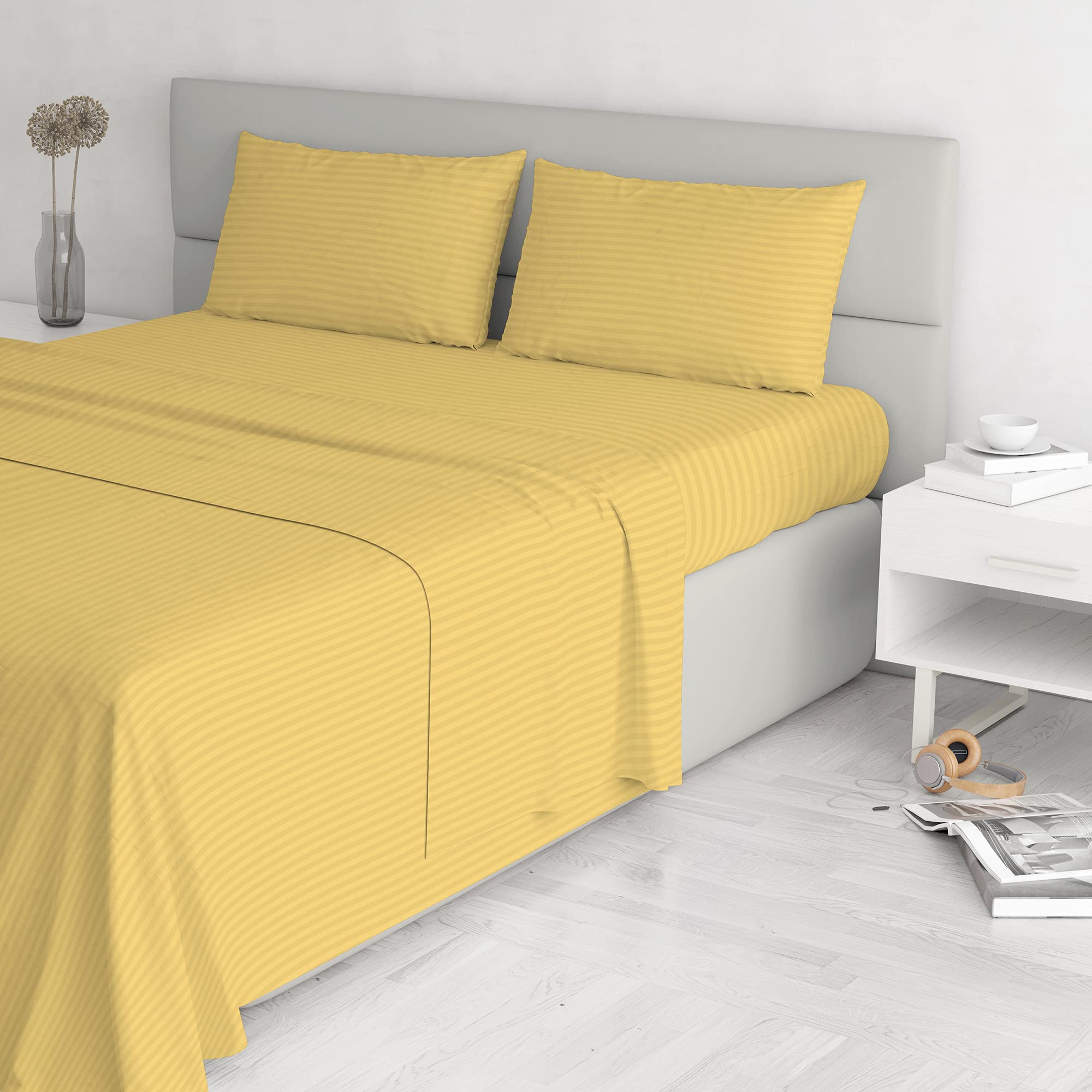 Italian Bed Linen Satin Stripes Bed Linen Set, Double, Yellow