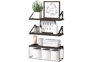 DOLLFIO Floating Shelves for Bathroom with Basket, Wooden Wall Shelves, Floating Shelves for Wall Décor, Wall Mounted Floating Shelf for Bathroom, Floating Shelf for Wall, Living Room–Rustic Brown