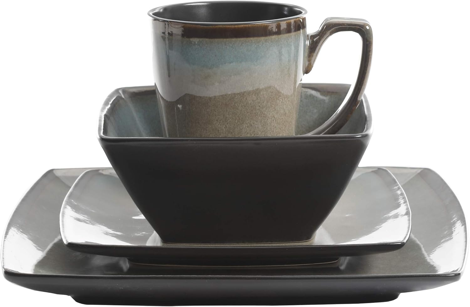  | Gibson Elite Tequesta Square Reactive Glaze Stoneware Dinnerware Set, Service for 4 (16pcs), Taupe: Dinnerware Sets