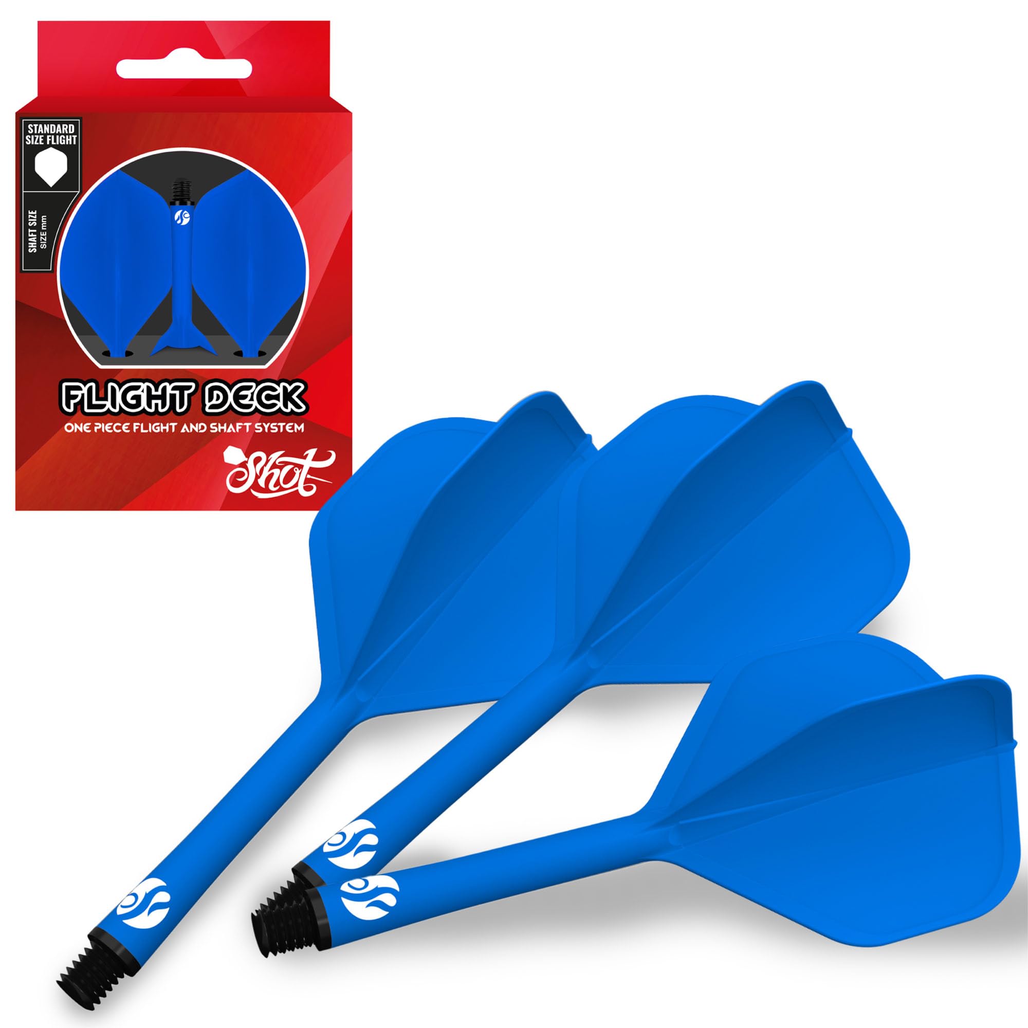 Shot! Darts Flight Deck One Piece Dart Flight and Shaft System, Reduced Deflections, Standard Shaped Flight (350 Micron), Available in Set of 3 (Blue, Inbetween)