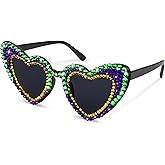Suwaoo Mardi Gras Glasses - Heart Shape Mardi Gras Sunglasses with Rhinestone for Women Outfit for Carnival Accessories