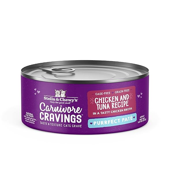 STELLA & CHEWY’S CARNIVORE CRAVINGS PURRFECT PATE CANS – GRAIN FREE, PROTEIN RICH WET CAT FOOD – CHICKEN & TUNA RECIPE – (2.8 OUNCE CANS, CASE OF 12)