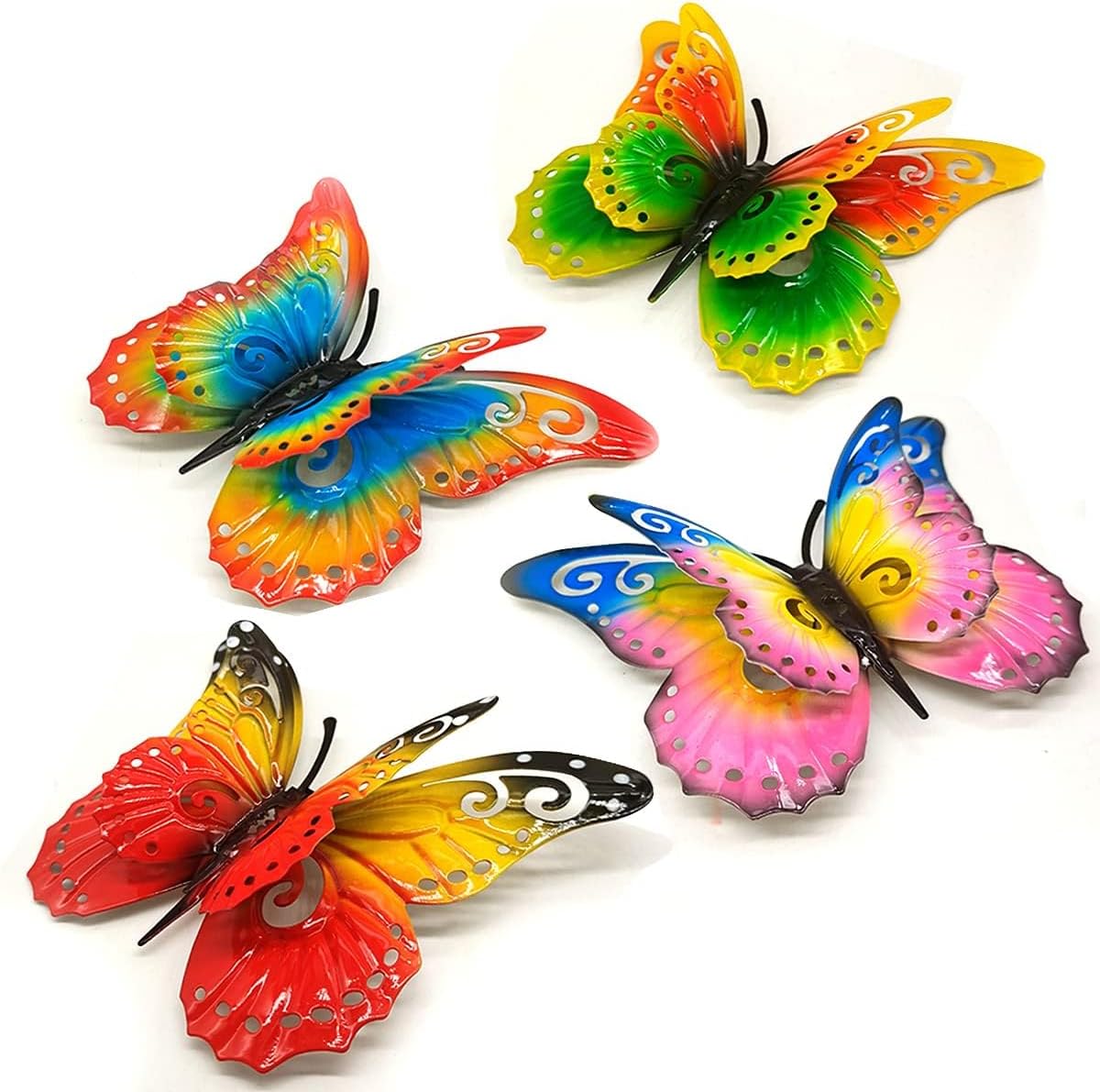 Plaques & Wall Art - Metal Butterfly Outdoor Decor - 6.5'' 3D Metal Colorful Hanging Double Wings Butterflies for Outdoor or Indoor Garden Yard Fence Decoration (Set of 4)