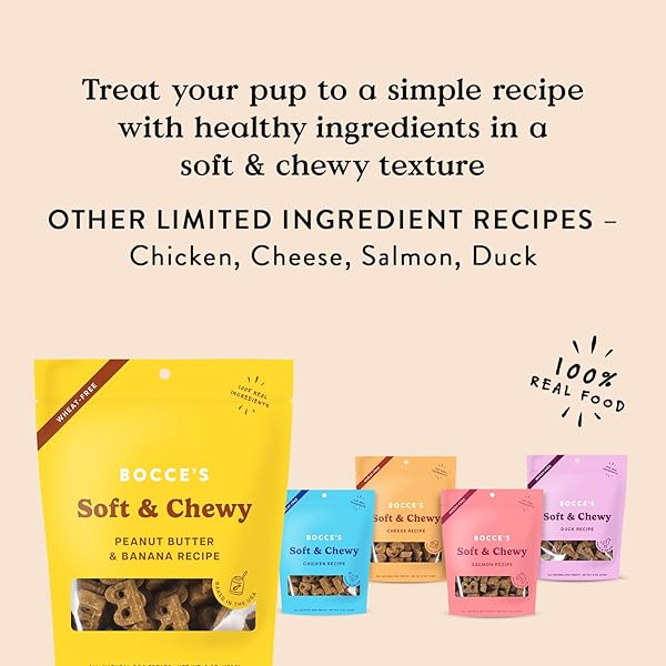 BOCCE’S BAKERY OVEN BAKED PB & BANANA RECIPE TREATS FOR DOGS, WHEAT-FREE EVERYDAY DOG TREATS, REAL INGREDIENTS, BAKED IN THE USA, ALL-NATURAL SOFT & CHEWY COOKIES, PEANUT BUTTER & BANANA, 6 OZ