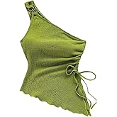 Verdusa Women's Textured Slit One Shoulder Tops Bow Tie Asymmetrical Going Out Top Festival Outfits