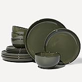 Pokini Santorini Mist Terracotta Reactive Glaze Plates and Bowls Sets, Stoneware Dinnerware Sets, Microwave and Dishwasher Safe Ceramic Dish Set Service for 4, Blackish Green