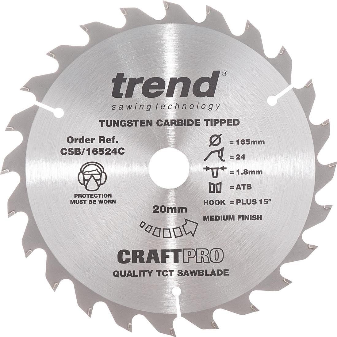 Trend Wood Circular Saw Blade, 165mm Diameter, 20mm Bore, 24 Teeth, 2.4mm Kerf, +15° Hook, TCT, Medium Finish, CSB/16524C