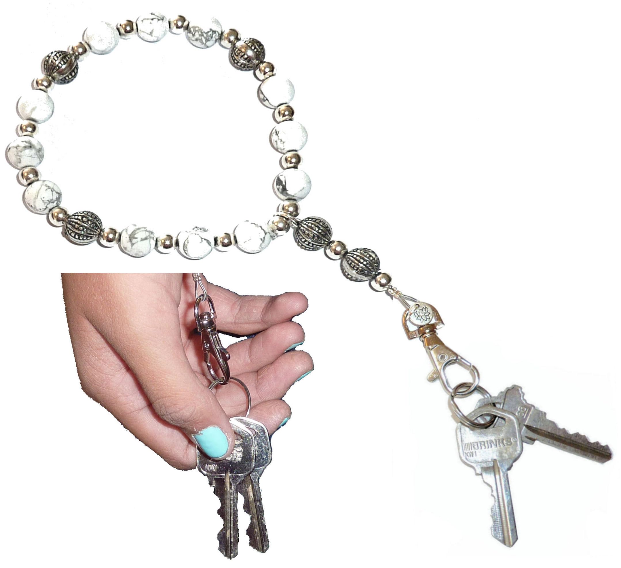 Wrist Lanyard, Made in USA, Beaded Women's Wristlet for Keys, Phone, ID Badge, Lightweight and Strong (Howlite Beads)