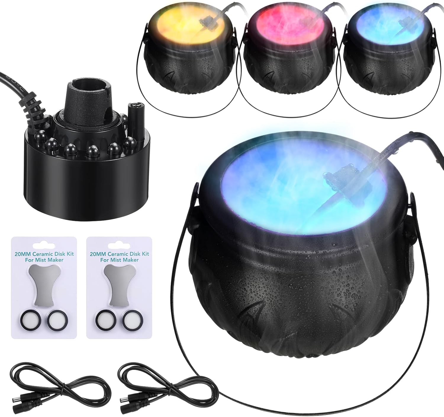 Indoor Fountains & Accessories - VIHOSE 4 Set Halloween Mist Maker Fogger Black Witch Cauldron Fog Maker with Color Changing LED Light Water Fountain Pond Mist Maker for Halloween Outdoor Party Decoration