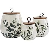TTU Tabletops Gallery Ceramic Canister Collection- Stoneware Designed Kitchen Storage Acacia Wood White Set, 3 Piece Green Leaf Canister Set
