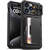 Vihibii for iPhone 15 Pro Max Case with Card Holder (4 Cards) & Slide Camera Cover & Kickstand, Military Grade Drop Protection, Rugged Hard Back & Silicone Edge Wallet Phone Case, 6.7" 2023, Black
