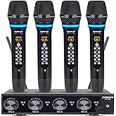 ZERFUN 4 Channel Rechargeable Wireless Microphone System, Pro UHF Metal Handheld Wireless Microphones Cordless Mics with Echo Treble BASS VOL Channel Control for Karaoke Singing Church(GT-200)
