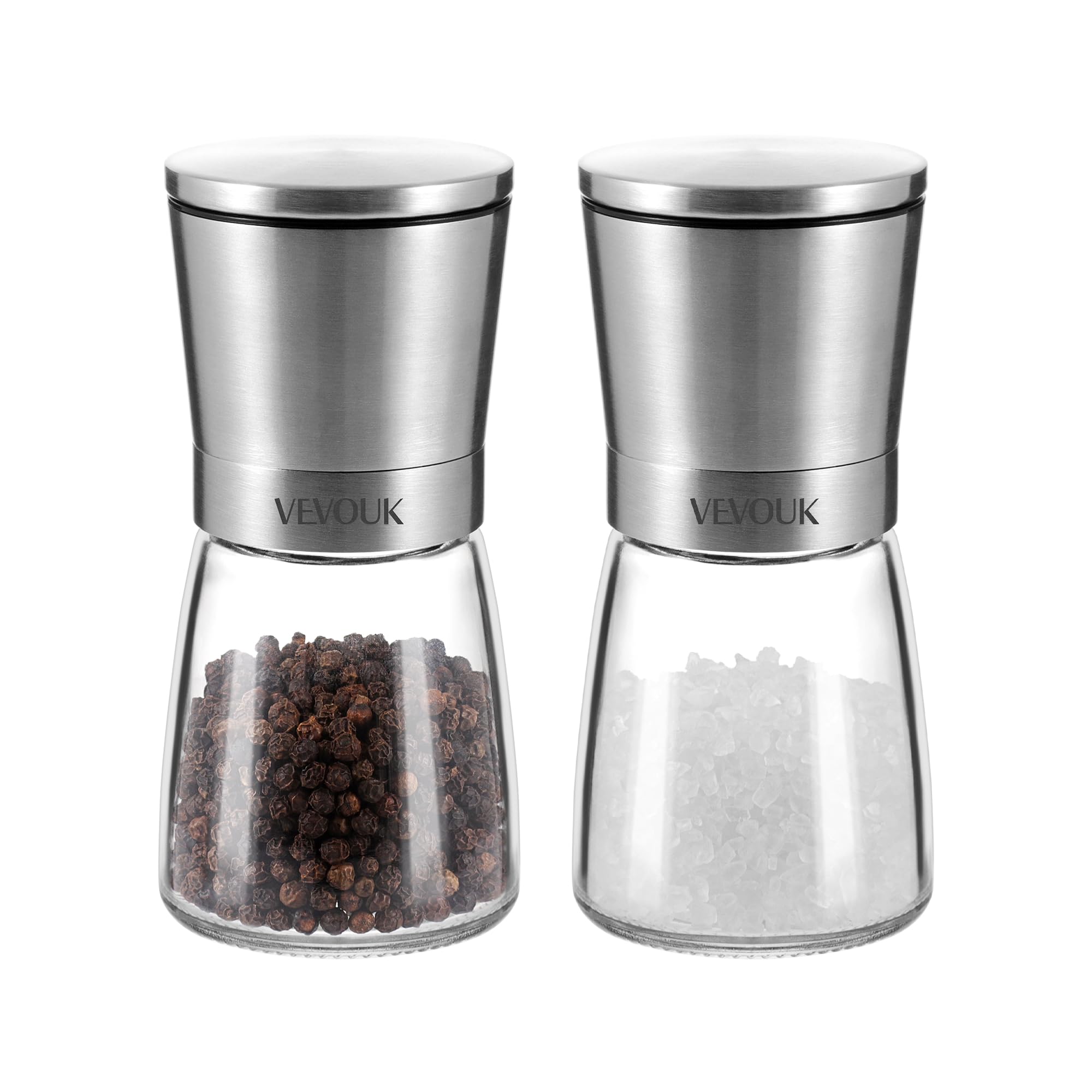 Vevok Chef Salt and Pepper Grinder Set Stainless Steel, Easy Adjustable Coarseness Ceramic Core, Refillable Manual Spice Mill with Glass Bottle Container, Pepper Salt Shaker