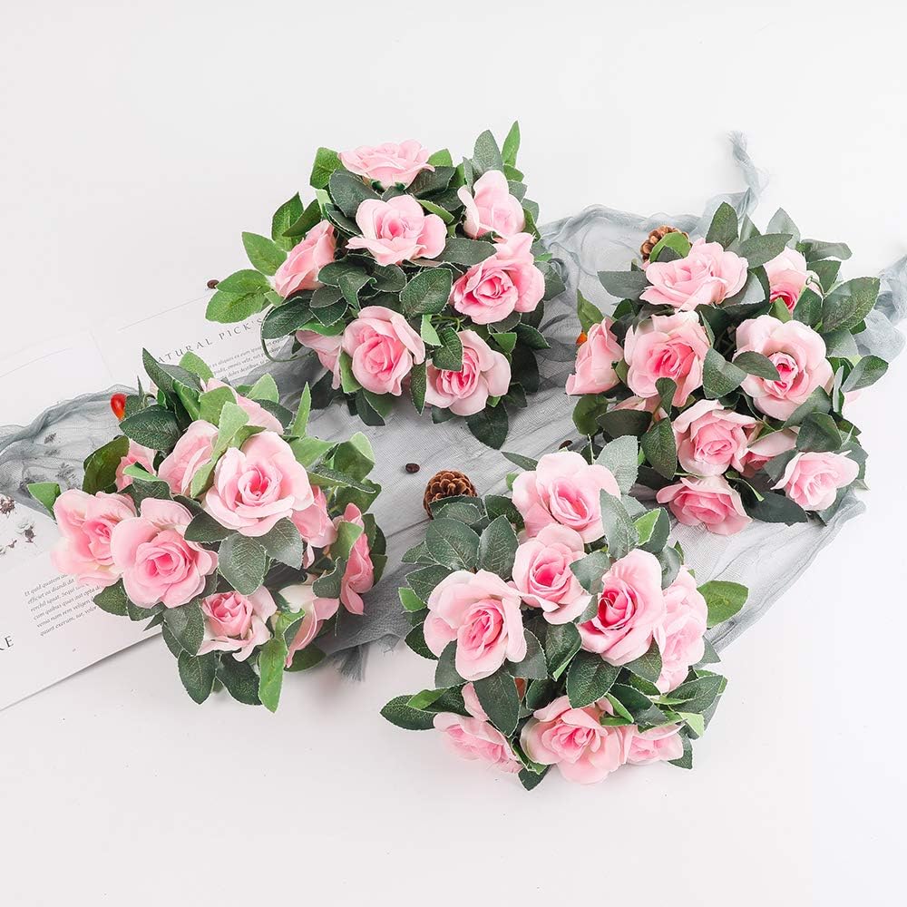 LESING Rose Garlands Artificial Rose Vines,4PCS(28.8FT) Fake Silk Flower Garlands with Greenery Plants Wedding Hanging Flower Vines Garlands for Home Office Arch Garden Decoration (Pink) - Image 3