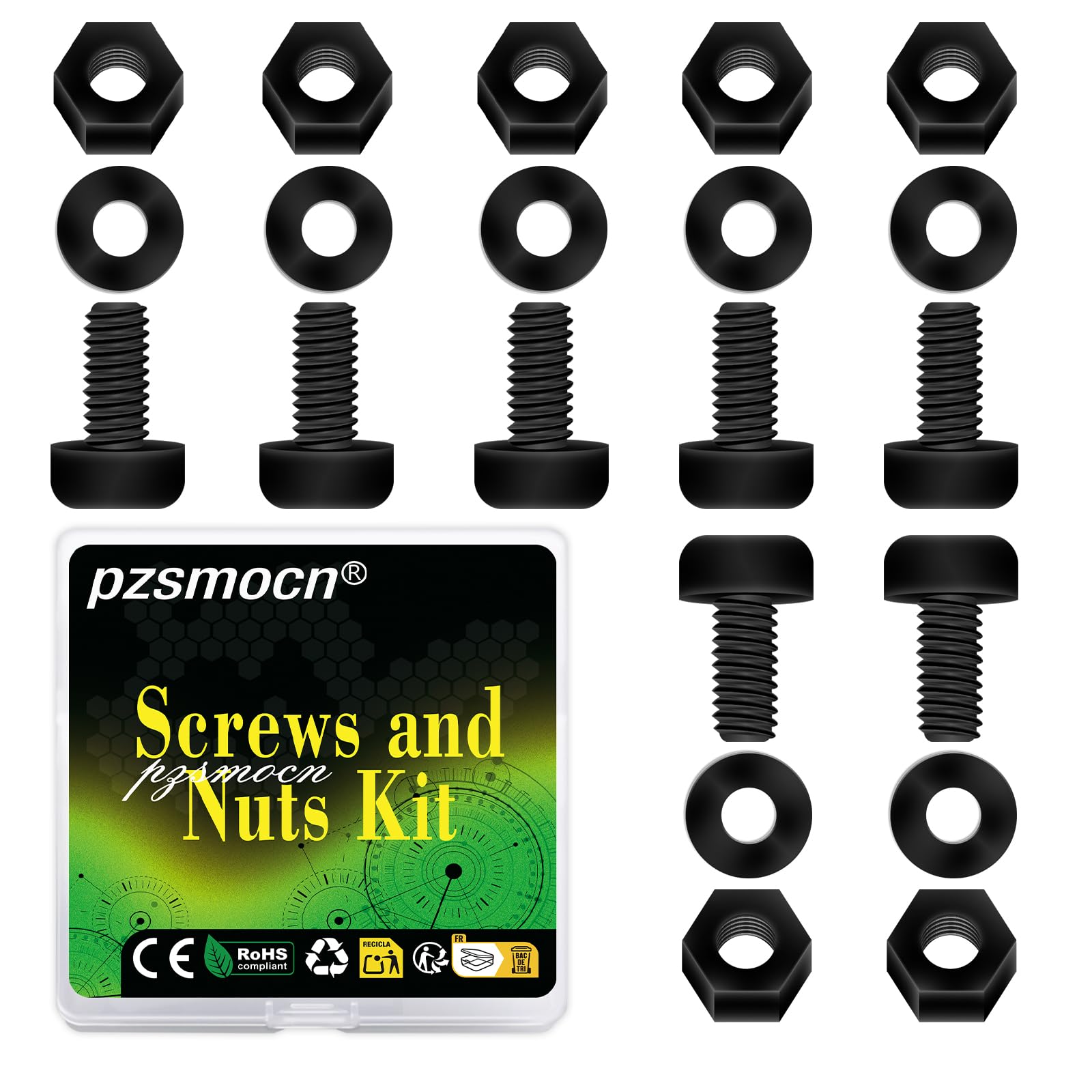 Pzsmocn 300 Pieces/100 Sets M2*6 mm Plastic Black Nylon Cross Round Head Screw Hexagonal Nut Combination Kit, with Insulating Washers, Standard Size, For DIY and Electronic Assembly. — image 1