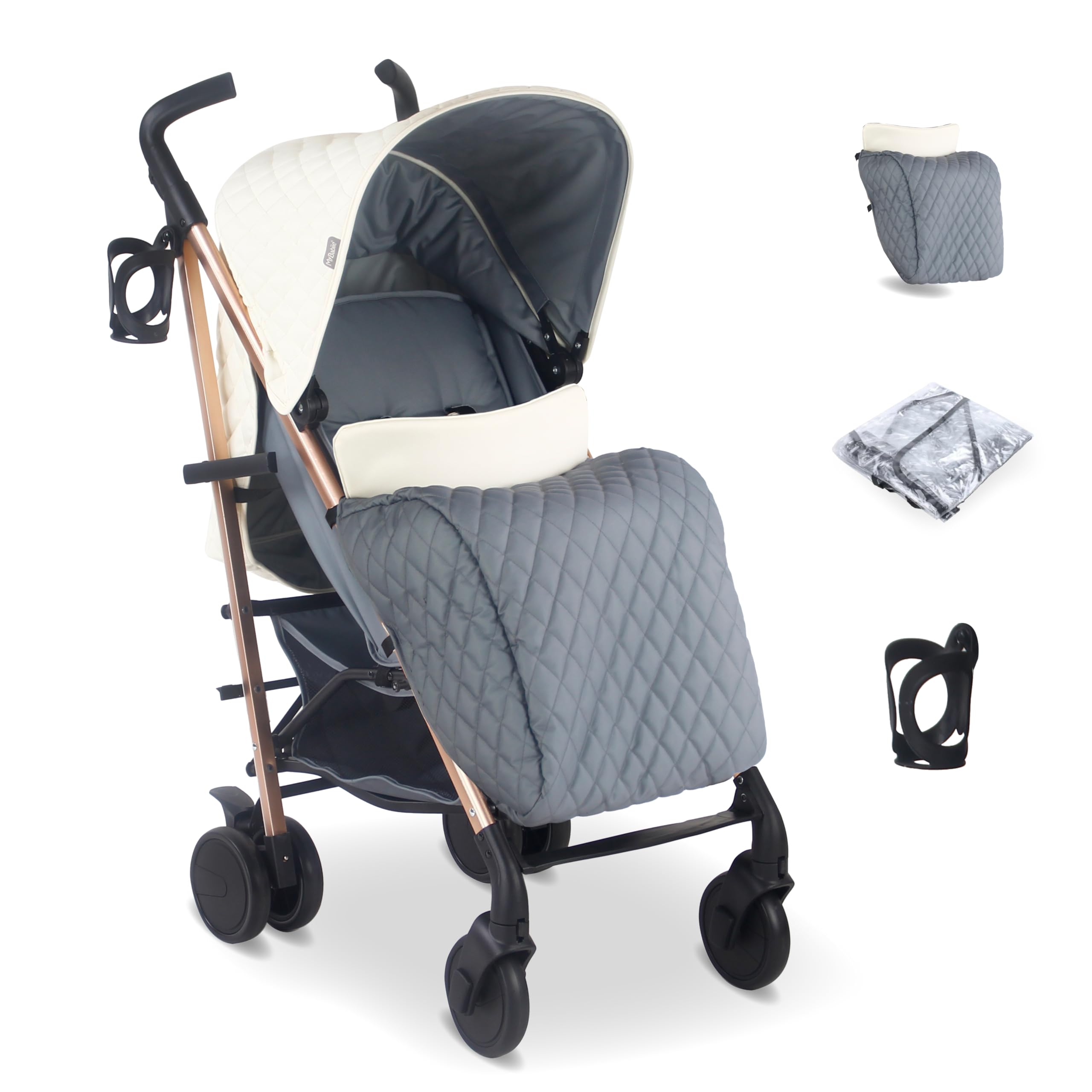 My Babiie MB51 Billie Faiers Quilted Champagne Lightweight Stroller, Sturdy & Protective, Lightweight Frame, Comfort, Suitable from Birth to MAX 22kg, w/Cup Holder, Rain Cover and Footmuff