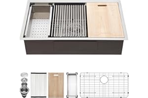 Kichae 33 Undermount Kitchen Sink- 33 x 19 Undermount Sink Ledge Workstation Stainless Steel 16 Gauge Single Bowl Round Corner Handmade with Cutting Board
