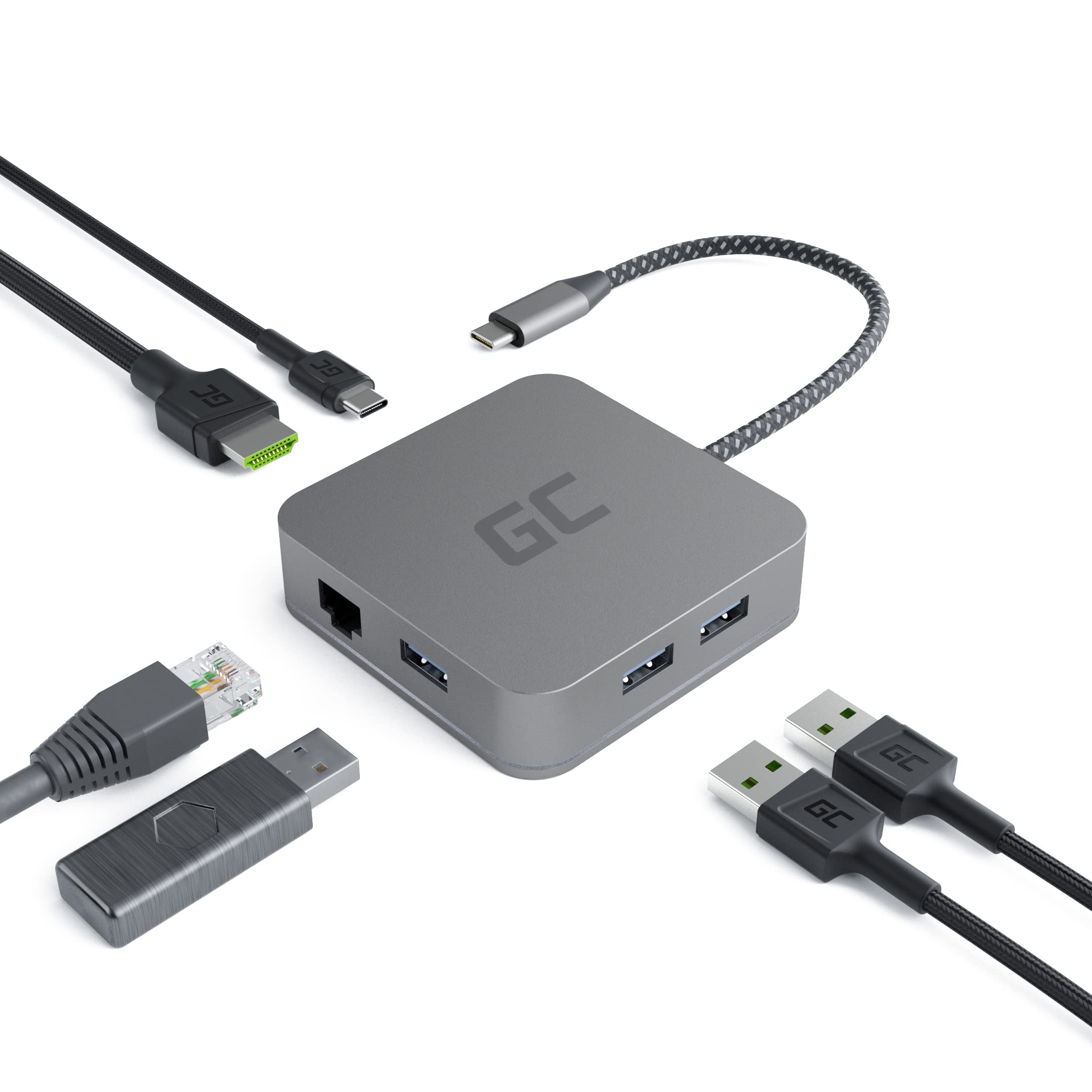 Green Cell GC® USB-C HUB 6 in 1 Adapter Docking Station (3x USB 3.0, HDMI 4K, Ethernet, USB-C) Compatible with Samsung DeX and with Power Delivery 87W for MacBook Pro 13/15, Dell XPS 13/15